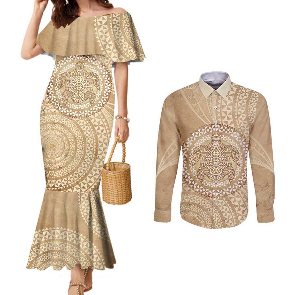 Tonga Ngatu Turtle Couples Matching Mermaid Dress and Long Sleeve Button Shirt Vintage Tongan Tapa Cloth LT14 Brown - Polynesian Pride