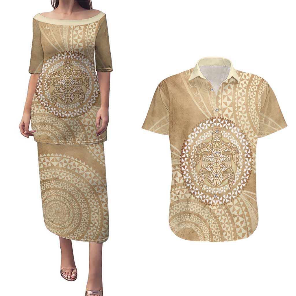 Tonga Ngatu Turtle Couples Matching Puletasi and Hawaiian Shirt Vintage Tongan Tapa Cloth