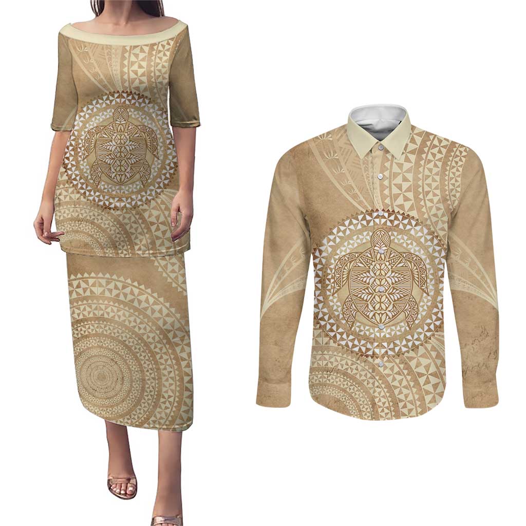 Tonga Ngatu Turtle Couples Matching Puletasi and Long Sleeve Button Shirt Vintage Tongan Tapa Cloth LT14 Brown - Polynesian Pride