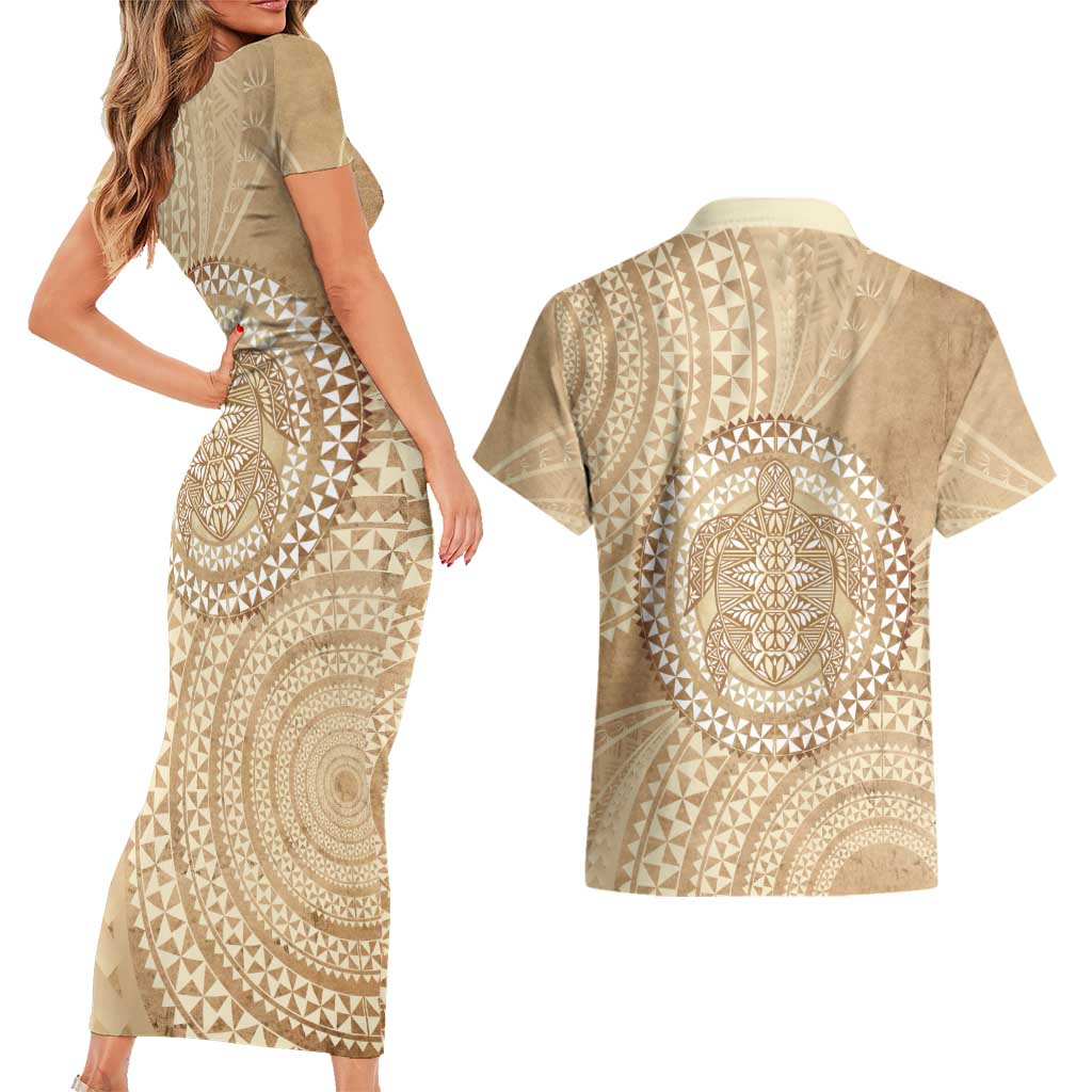 Tonga Ngatu Turtle Couples Matching Short Sleeve Bodycon Dress and Hawaiian Shirt Vintage Tongan Tapa Cloth
