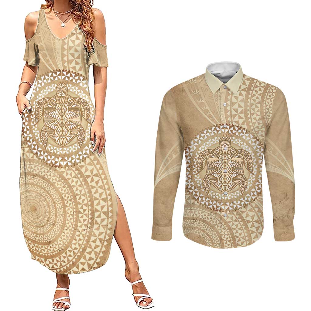 Tonga Ngatu Turtle Couples Matching Summer Maxi Dress and Long Sleeve Button Shirt Vintage Tongan Tapa Cloth LT14 Brown - Polynesian Pride