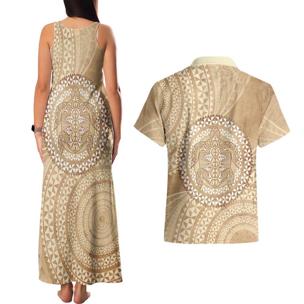 Tonga Ngatu Turtle Couples Matching Tank Maxi Dress and Hawaiian Shirt Vintage Tongan Tapa Cloth