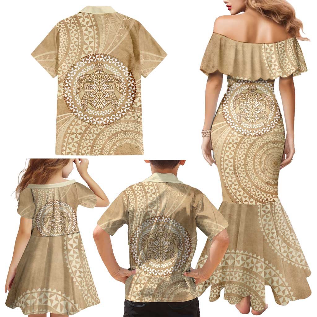 Tonga Ngatu Turtle Family Matching Mermaid Dress and Hawaiian Shirt Vintage Tongan Tapa Cloth