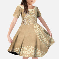 Tonga Ngatu Turtle Family Matching Off The Shoulder Long Sleeve Dress and Hawaiian Shirt Vintage Tongan Tapa Cloth