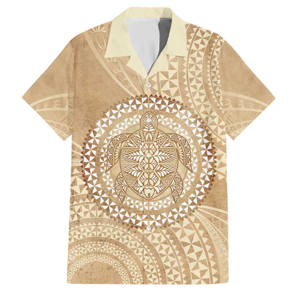 Tonga Ngatu Turtle Family Matching Off The Shoulder Long Sleeve Dress and Hawaiian Shirt Vintage Tongan Tapa Cloth
