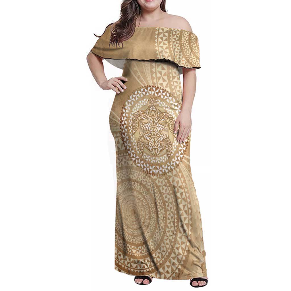 Tonga Ngatu Turtle Family Matching Off Shoulder Maxi Dress and Hawaiian Shirt Vintage Tongan Tapa Cloth