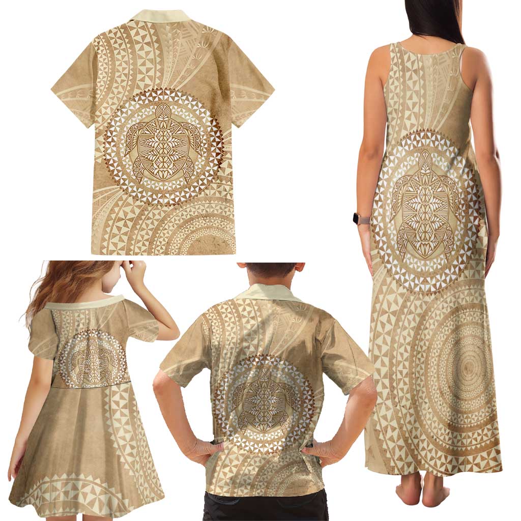 Tonga Ngatu Turtle Family Matching Tank Maxi Dress and Hawaiian Shirt Vintage Tongan Tapa Cloth