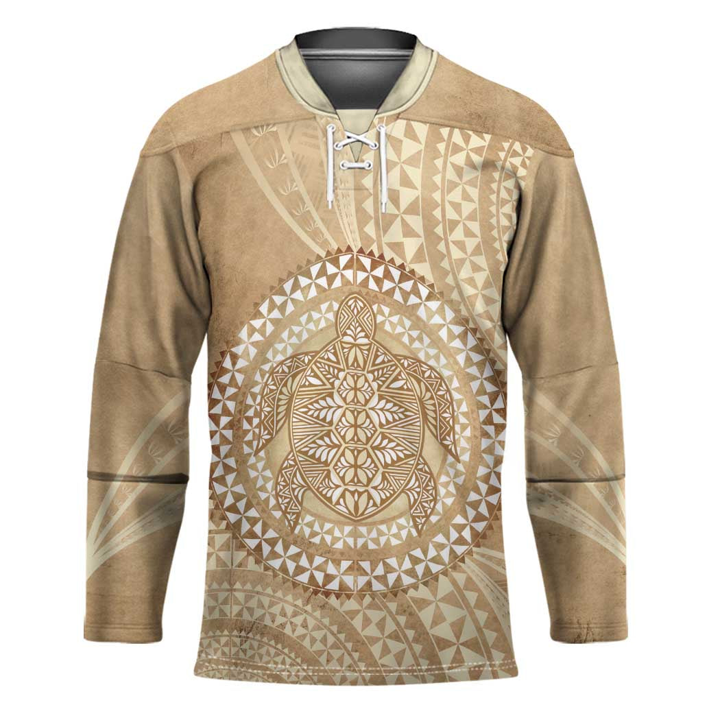 Tonga Ngatu Turtle Hockey Jersey Vintage Tongan Tapa Cloth LT14 Unisex Brown - Polynesian Pride