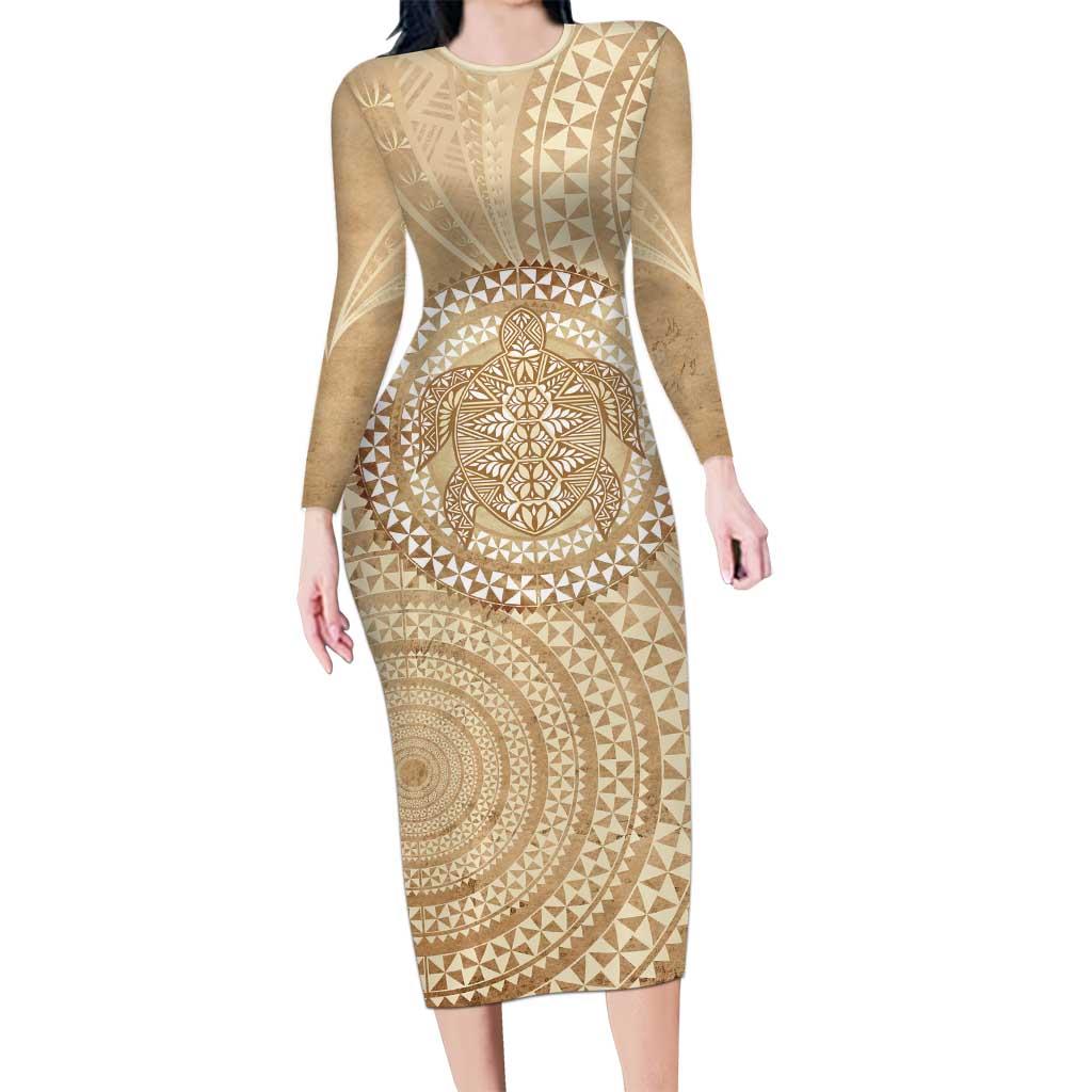 Tonga Ngatu Turtle Long Sleeve Bodycon Dress Vintage Tongan Tapa Cloth LT14 Long Dress Brown - Polynesian Pride