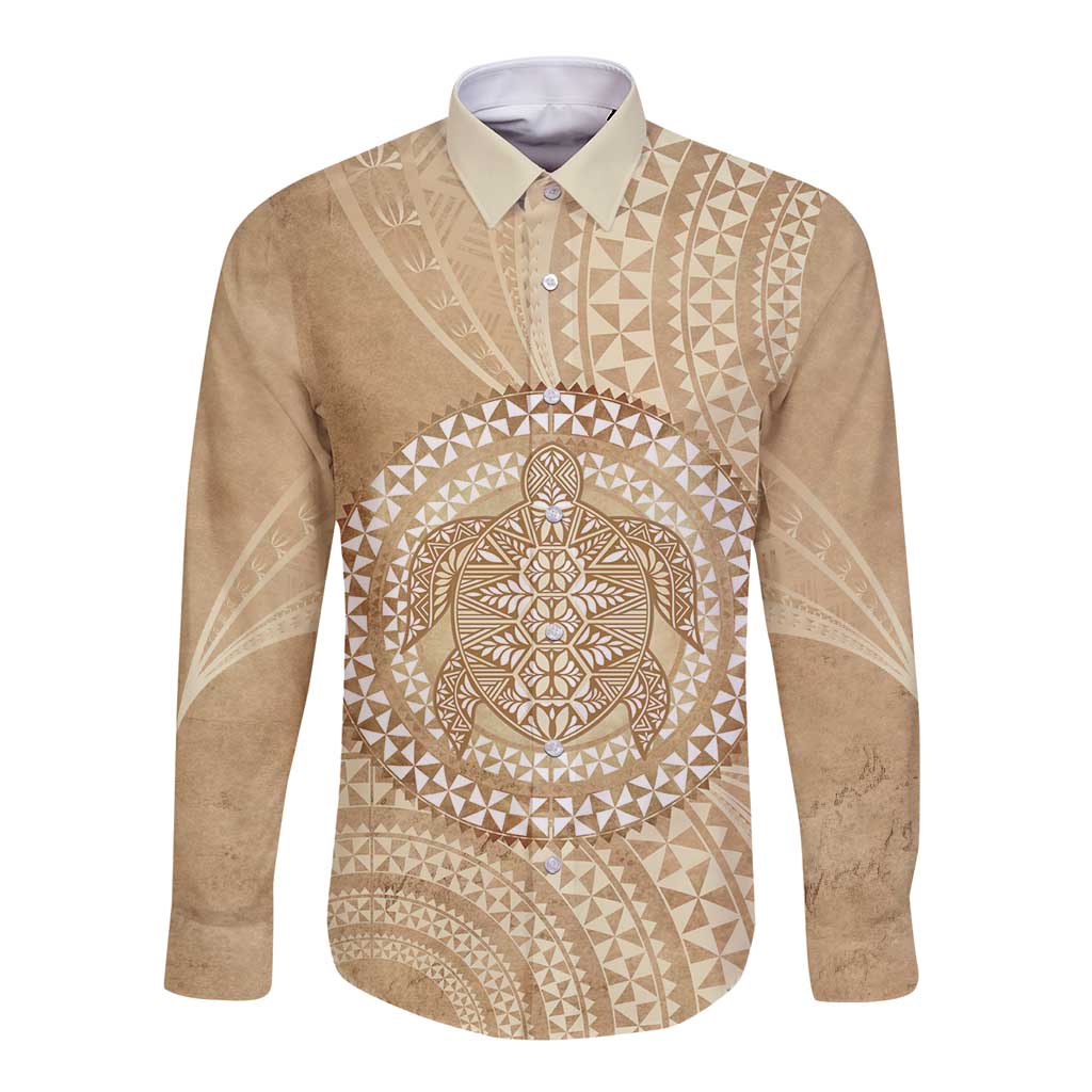 Tonga Ngatu Turtle Long Sleeve Button Shirt Vintage Tongan Tapa Cloth LT14 Unisex Brown - Polynesian Pride