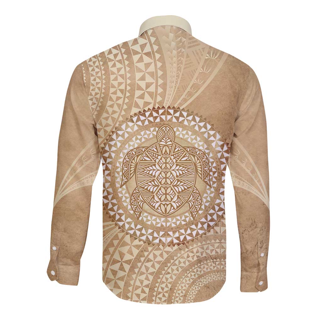 Tonga Ngatu Turtle Long Sleeve Button Shirt Vintage Tongan Tapa Cloth LT14 - Polynesian Pride