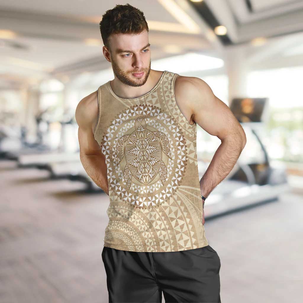 Tonga Ngatu Turtle Men Tank Top Vintage Tongan Tapa Cloth LT14 Brown - Polynesian Pride