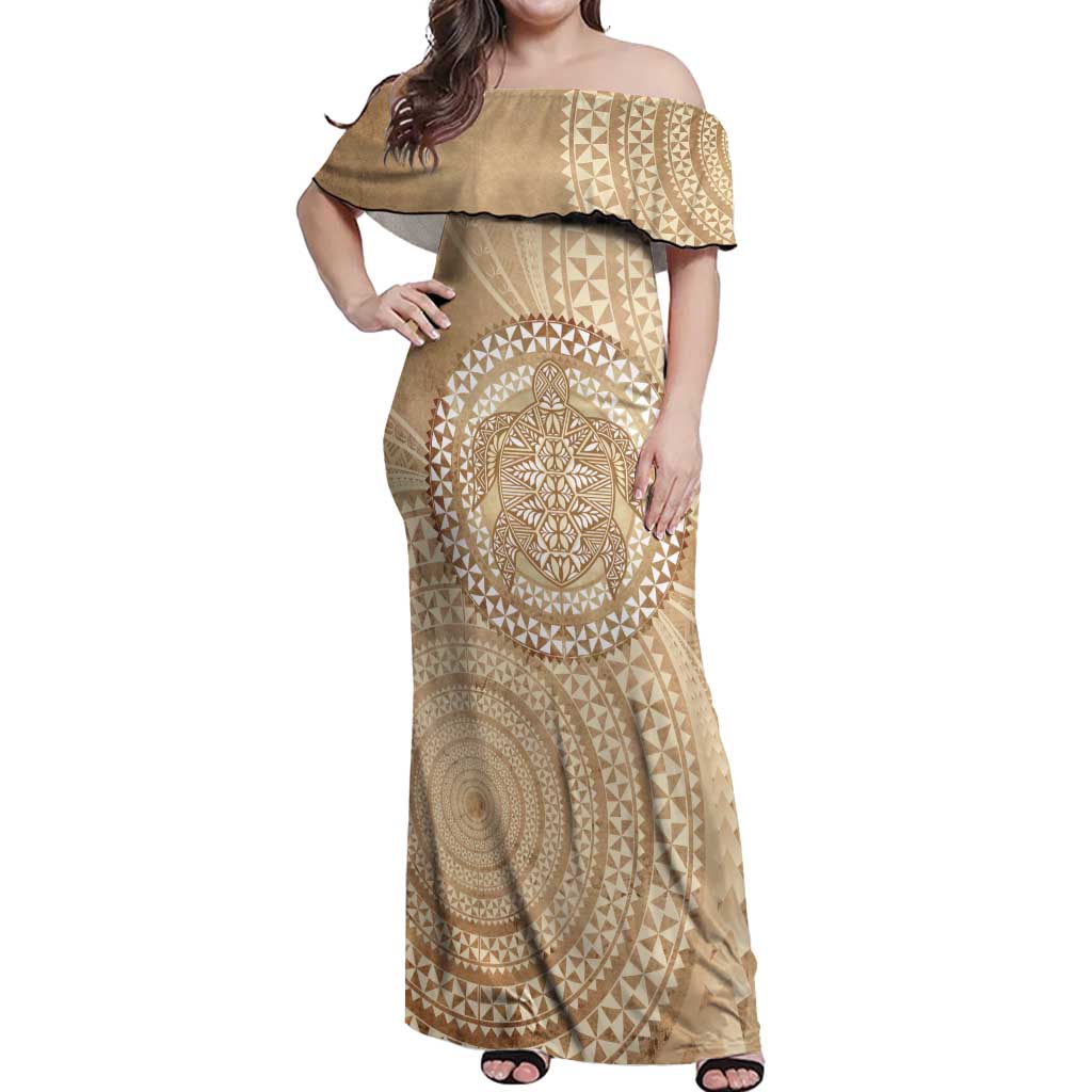 Tonga Ngatu Turtle Off Shoulder Maxi Dress Vintage Tongan Tapa Cloth LT14 Women Brown - Polynesian Pride