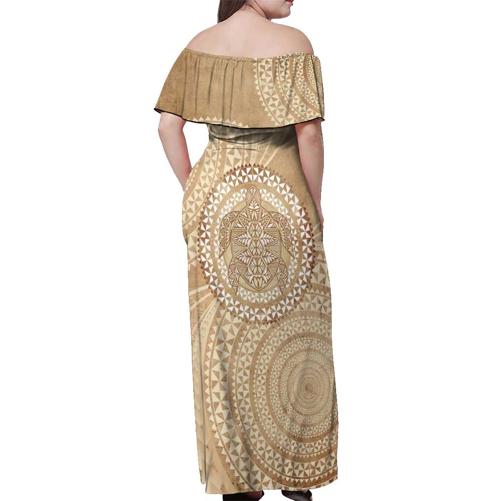 Tonga Ngatu Turtle Off Shoulder Maxi Dress Vintage Tongan Tapa Cloth LT14 - Polynesian Pride