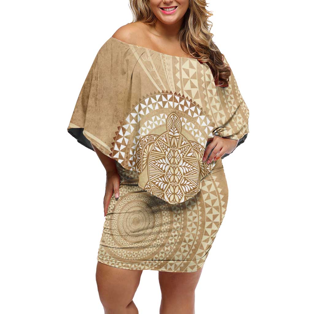 Tonga Ngatu Turtle Off Shoulder Short Dress Vintage Tongan Tapa Cloth