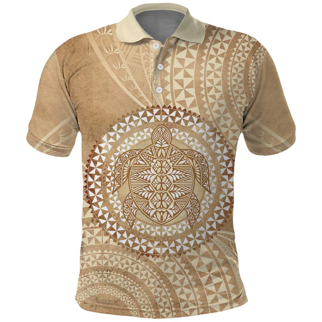 Tonga Ngatu Turtle Polo Shirt Vintage Tongan Tapa Cloth LT14 Brown - Polynesian Pride