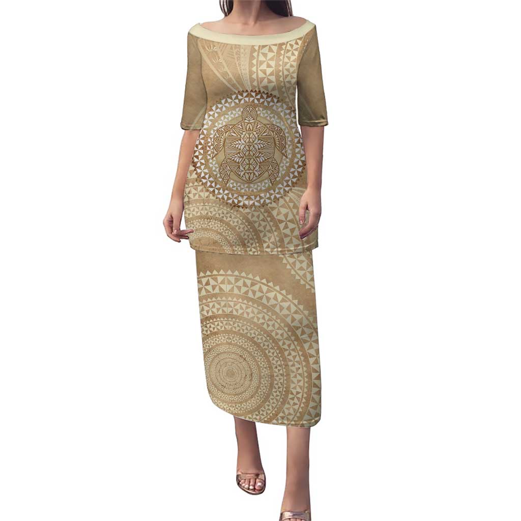 Tonga Ngatu Turtle Puletasi Vintage Tongan Tapa Cloth LT14 Long Dress Brown - Polynesian Pride