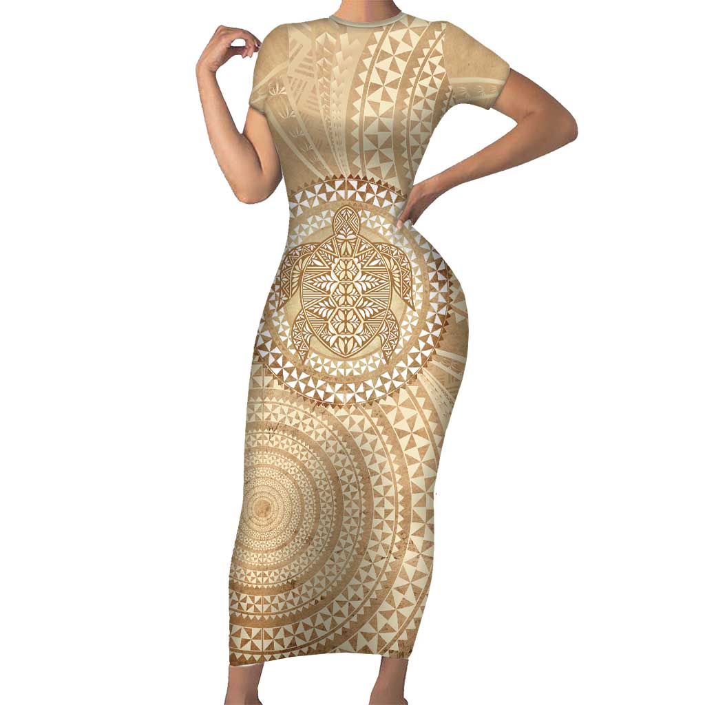 Tonga Ngatu Turtle Short Sleeve Bodycon Dress Vintage Tongan Tapa Cloth LT14 Long Dress Brown - Polynesian Pride