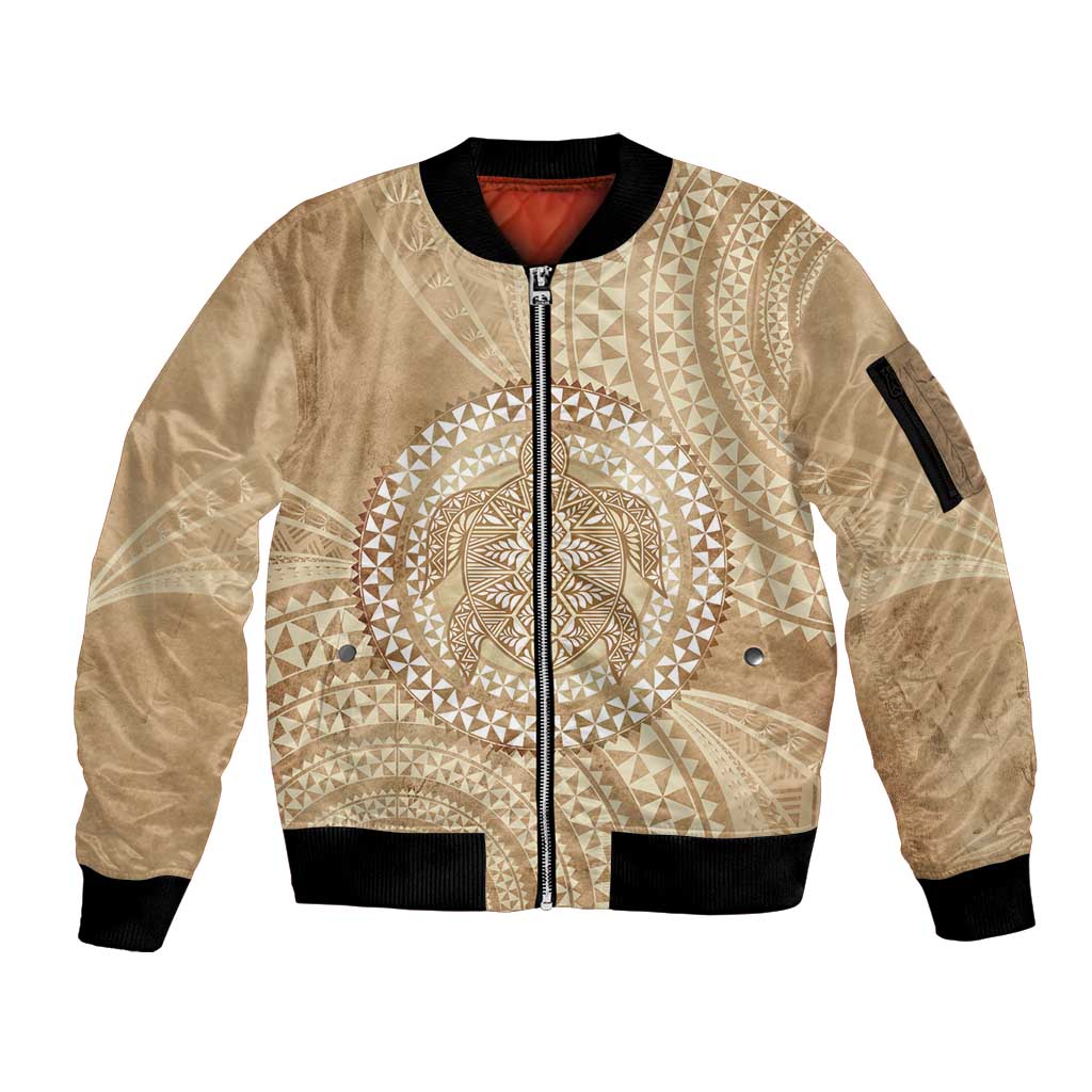 Tonga Ngatu Turtle Sleeve Zip Bomber Jacket Vintage Tongan Tapa Cloth LT14 Unisex Brown - Polynesian Pride