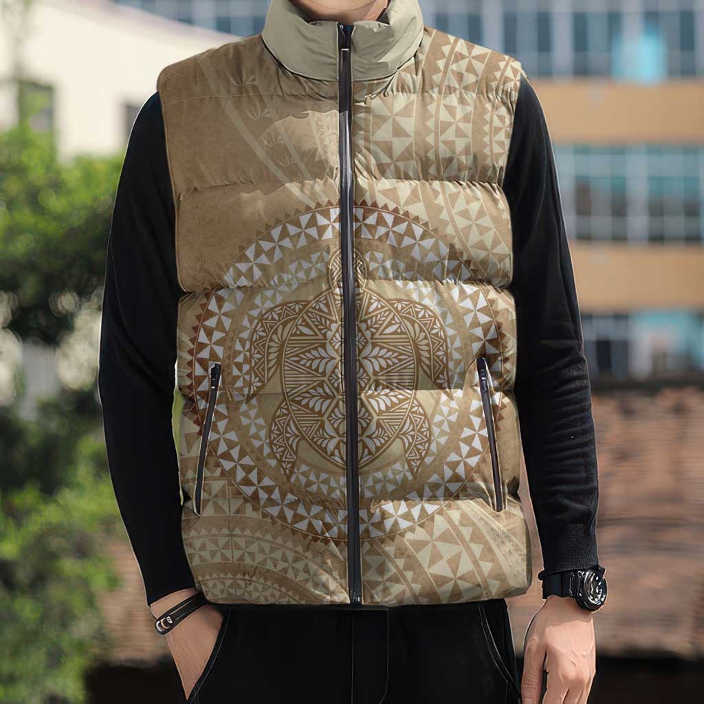 Tonga Ngatu Turtle Sleeveless Puffer Jacket Vintage Tongan Tapa Cloth LT14 - Polynesian Pride