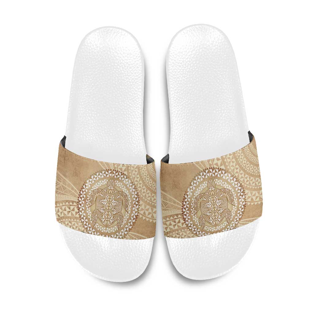 Tonga Ngatu Turtle Slide Sandals Vintage Tongan Tapa Cloth LT14 Brown - Polynesian Pride