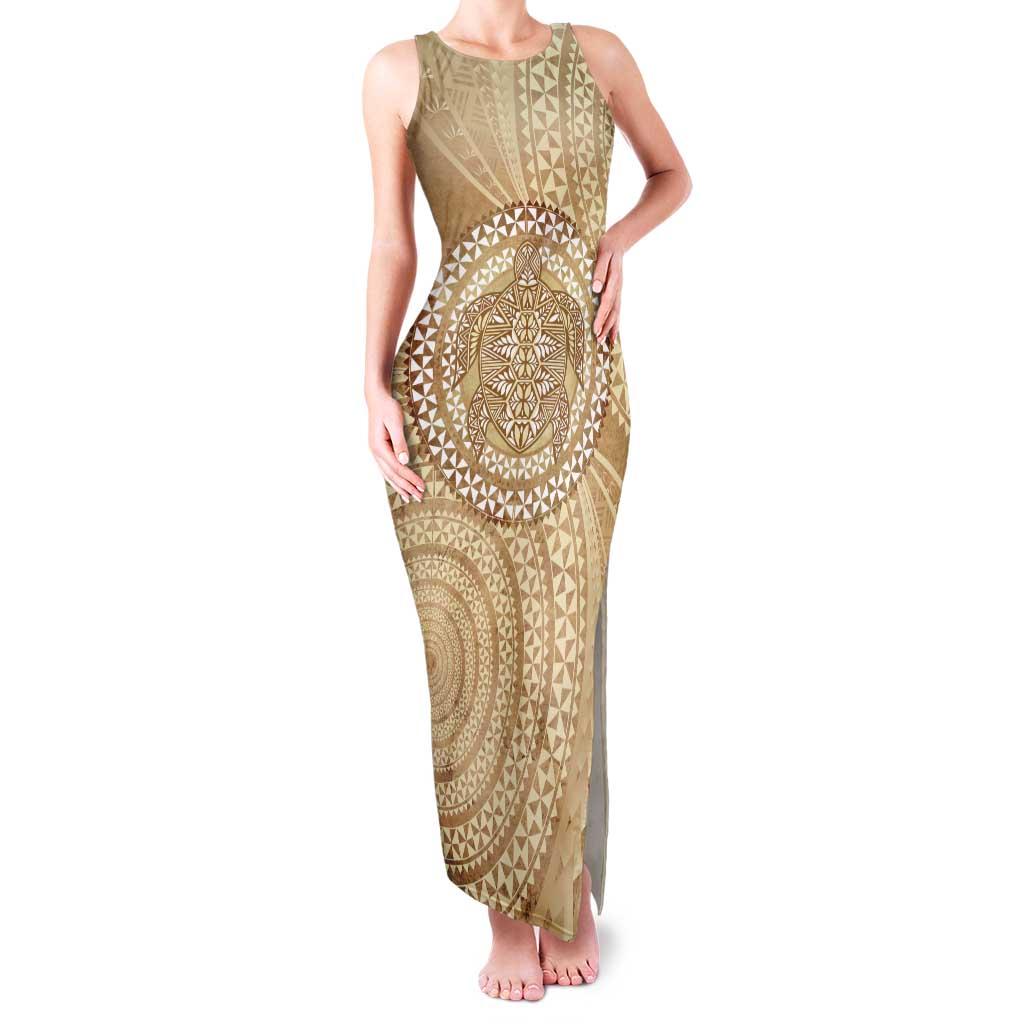 Tonga Ngatu Turtle Tank Maxi Dress Vintage Tongan Tapa Cloth LT14 Women Brown - Polynesian Pride