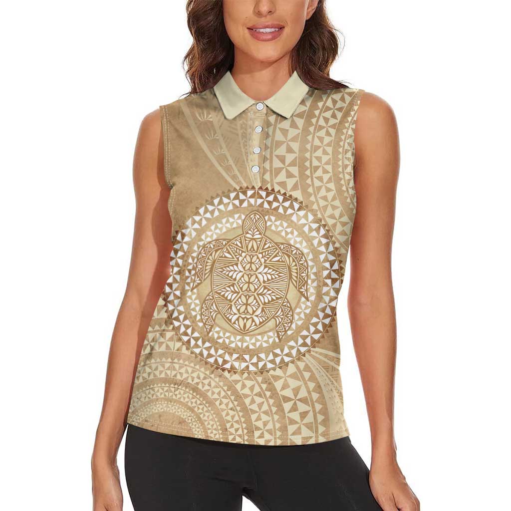 Tonga Ngatu Turtle Women Sleeveless Polo Shirt Vintage Tongan Tapa Cloth LT14 - Polynesian Pride