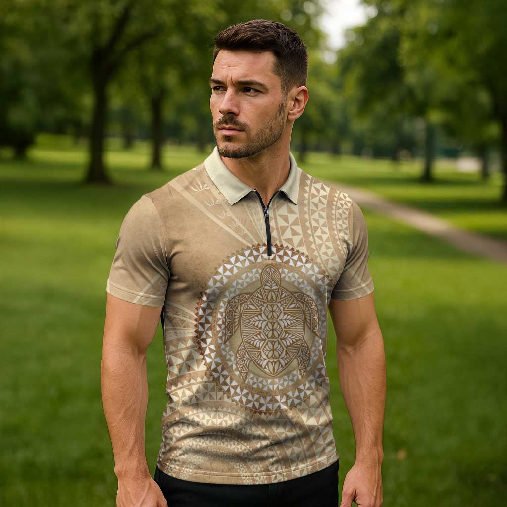 Tonga Ngatu Turtle Zipper Polo Shirt Vintage Tongan Tapa Cloth LT14 - Polynesian Pride