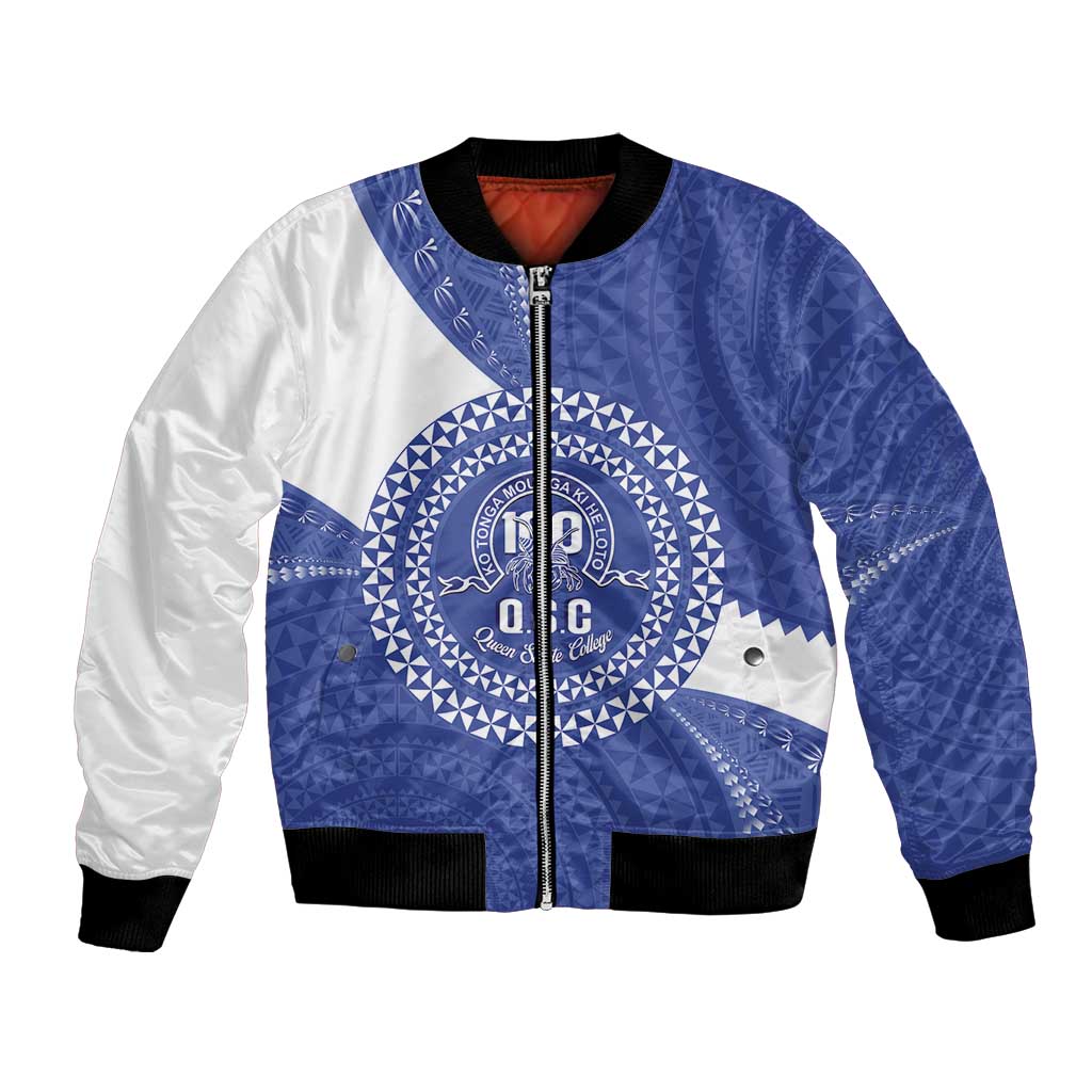 Queen Salote College 100th Anniversary Personalized Bomber Jacket Est 1926 Kolisi Fefine Tongan Ngatu Pattern LT14 Unisex Blue - Polynesian Pride