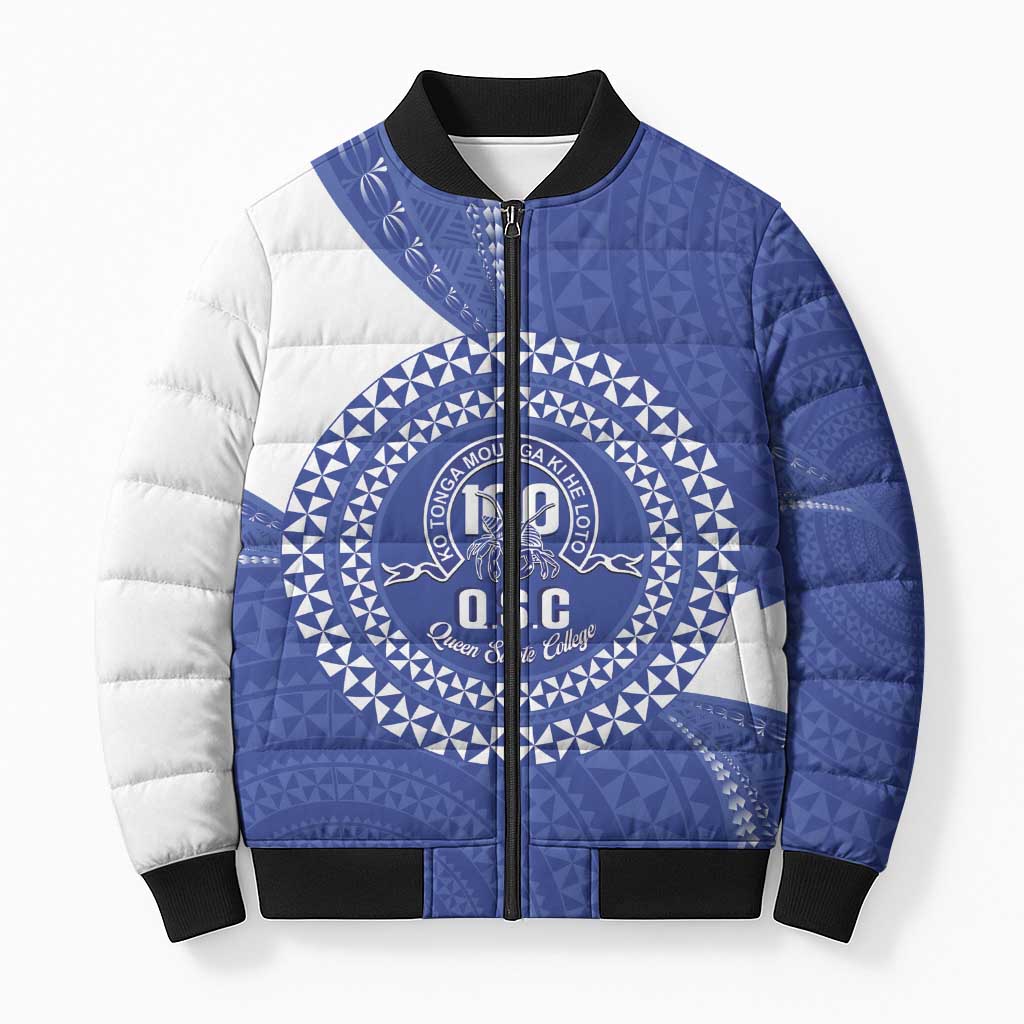 Queen Salote College 100th Anniversary Personalized Bomber Puffer Jacket Est 1926 Kolisi Fefine Tongan Ngatu Pattern LT14 Unisex Blue - Polynesian Pride