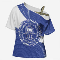 Queen Salote College 100th Anniversary Personalized Cross Shoulder Shirt Est 1926 Kolisi Fefine Tongan Ngatu Pattern LT14 Female Blue - Polynesian Pride