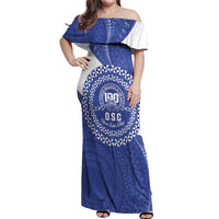Queen Salote College 100th Anniversary Personalized Off Shoulder Maxi Dress Est 1926 Kolisi Fefine Tongan Ngatu Pattern LT14 Women Blue - Polynesian Pride