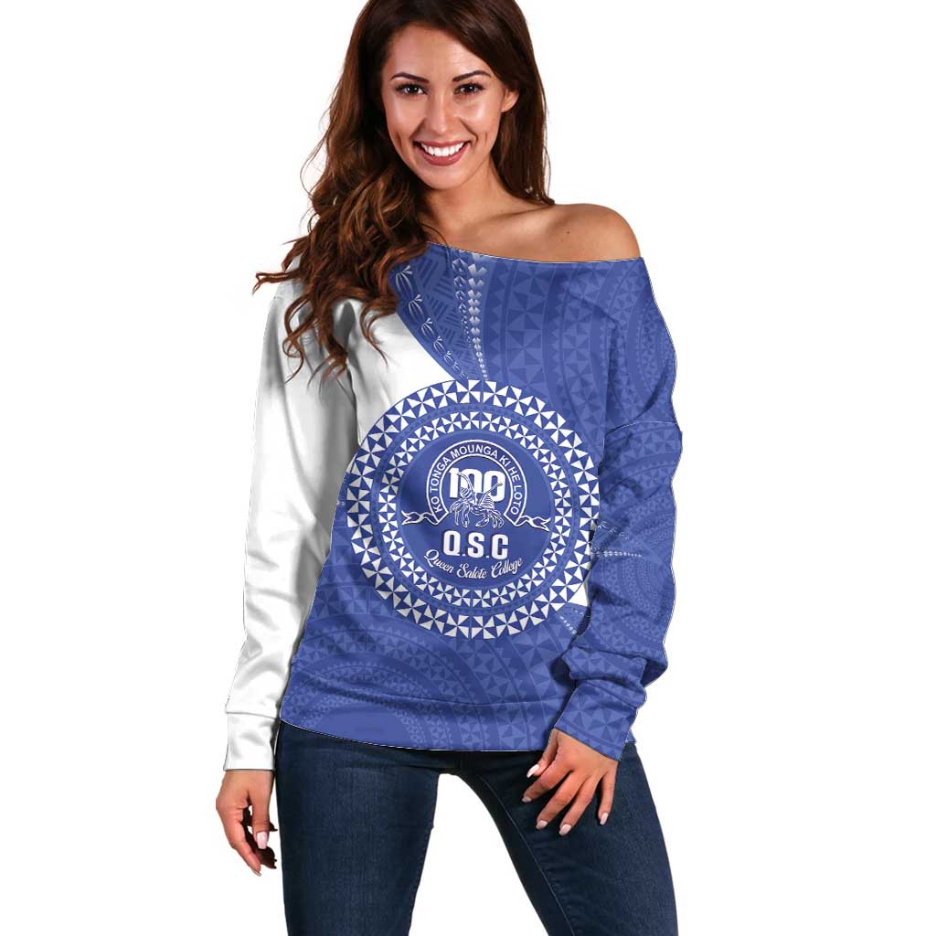 Queen Salote College 100th Anniversary Personalized Off Shoulder Sweater Est 1926 Kolisi Fefine Tongan Ngatu Pattern LT14 Women Blue - Polynesian Pride