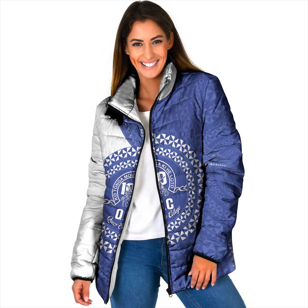 Queen Salote College 100th Anniversary Personalized Padded Jacket Est 1926 Kolisi Fefine Tongan Ngatu Pattern LT14 Women Blue - Polynesian Pride