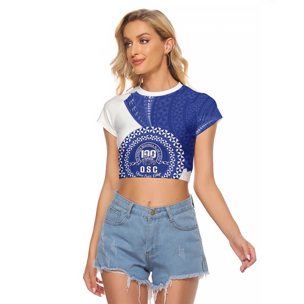 Queen Salote College 100th Anniversary Personalized Raglan Cropped T Shirt Est 1926 Kolisi Fefine Tongan Ngatu Pattern LT14 Female Blue - Polynesian Pride