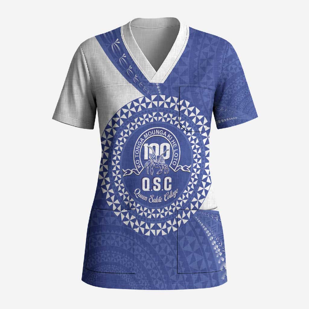 Queen Salote College 100th Anniversary Personalized Scrub Top Est 1926 Kolisi Fefine Tongan Ngatu Pattern LT14 Adult Blue - Polynesian Pride