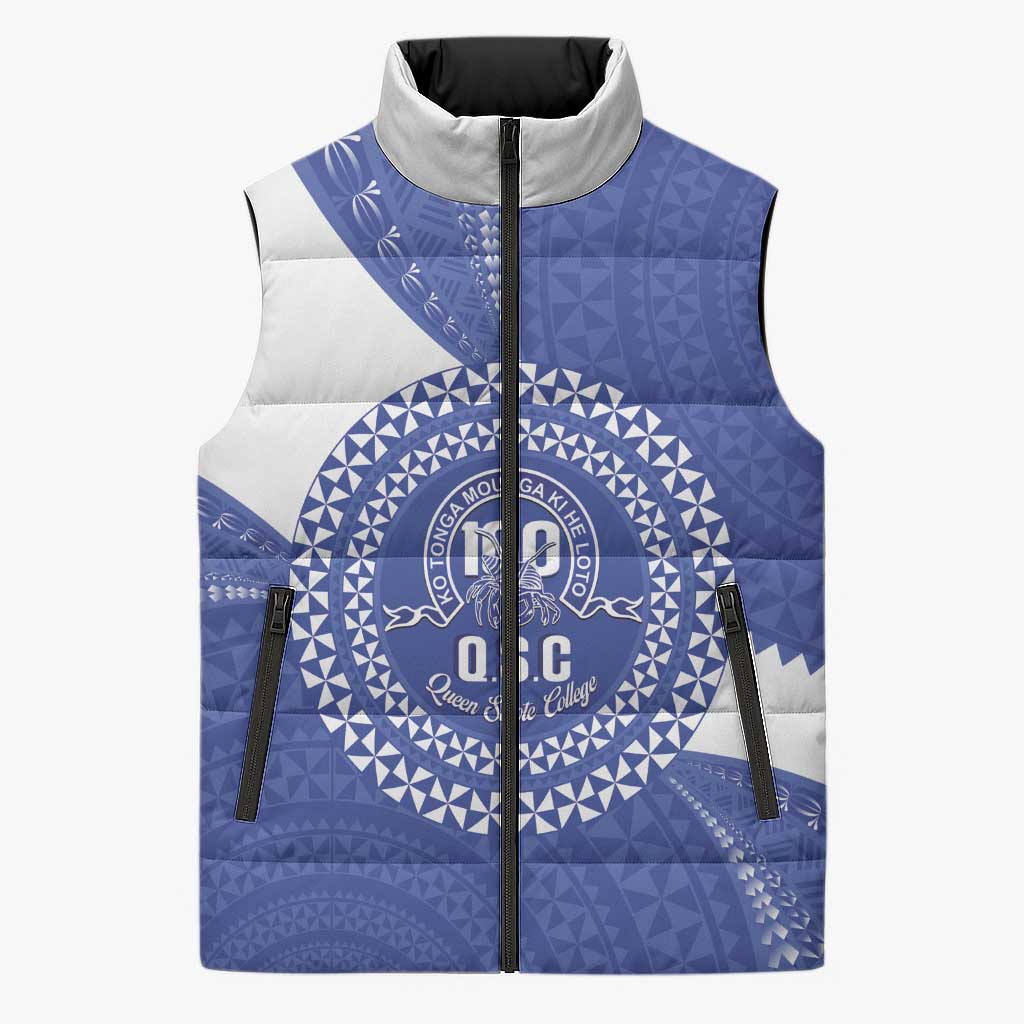Queen Salote College 100th Anniversary Personalized Sleeveless Puffer Jacket Est 1926 Kolisi Fefine Tongan Ngatu Pattern LT14 Unisex Blue - Polynesian Pride