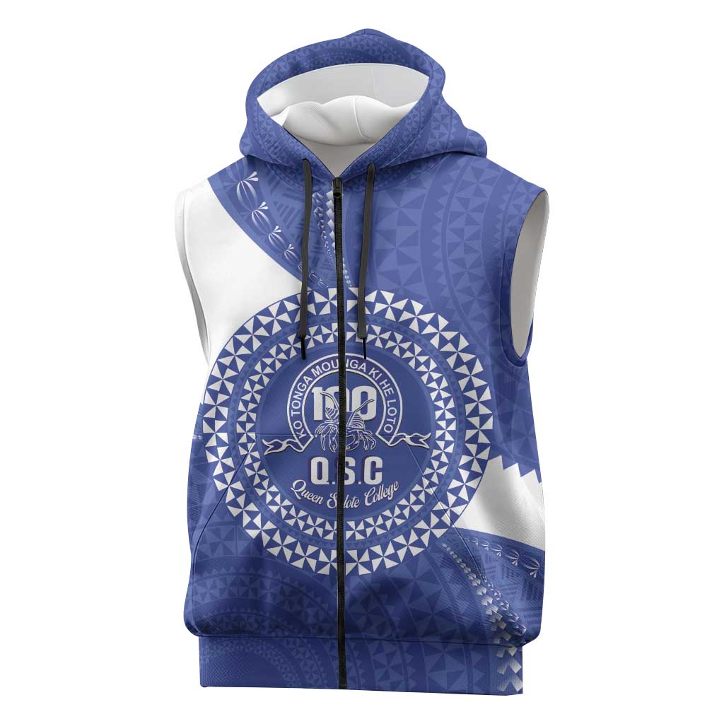 Queen Salote College 100th Anniversary Personalized Sleeveless Zip Hoodie Est 1926 Kolisi Fefine Tongan Ngatu Pattern LT14 Blue - Polynesian Pride