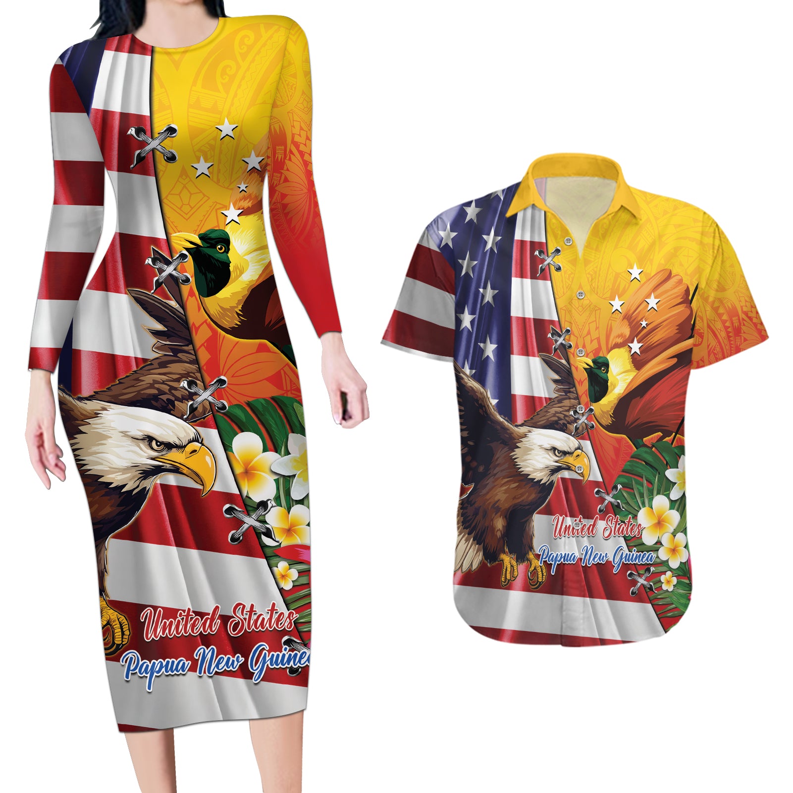 Personalised United States And Papua New Guinea Couples Matching Long Sleeve Bodycon Dress and Hawaiian Shirt USA Eagle With PNG Bird Of Paradise