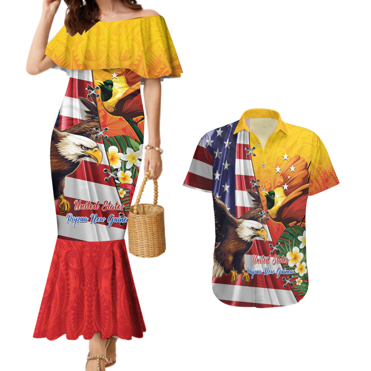 Personalised United States And Papua New Guinea Couples Matching Mermaid Dress and Hawaiian Shirt USA Eagle With PNG Bird Of Paradise