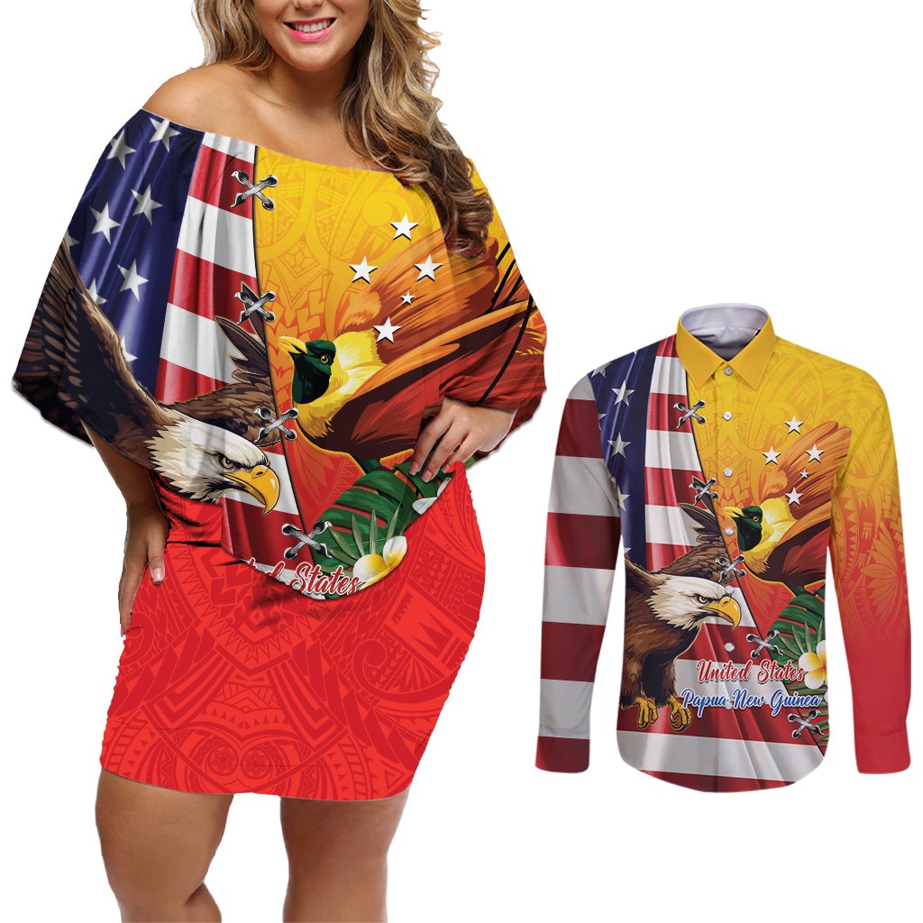 Personalised United States And Papua New Guinea Couples Matching Off Shoulder Short Dress and Long Sleeve Button Shirt USA Eagle With PNG Bird Of Paradise LT14 Red - Polynesian Pride