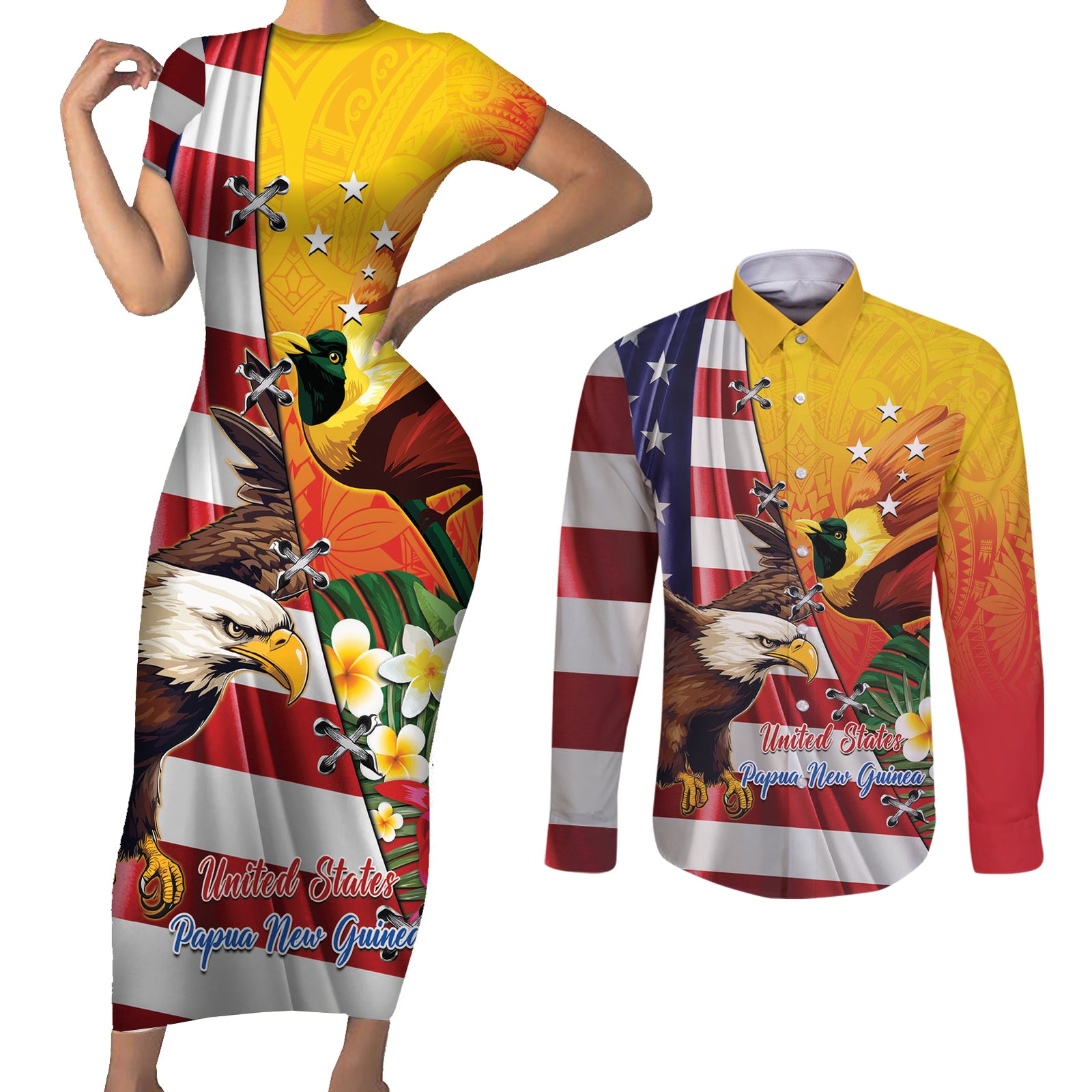 Personalised United States And Papua New Guinea Couples Matching Short Sleeve Bodycon Dress and Long Sleeve Button Shirt USA Eagle With PNG Bird Of Paradise LT14 Red - Polynesian Pride