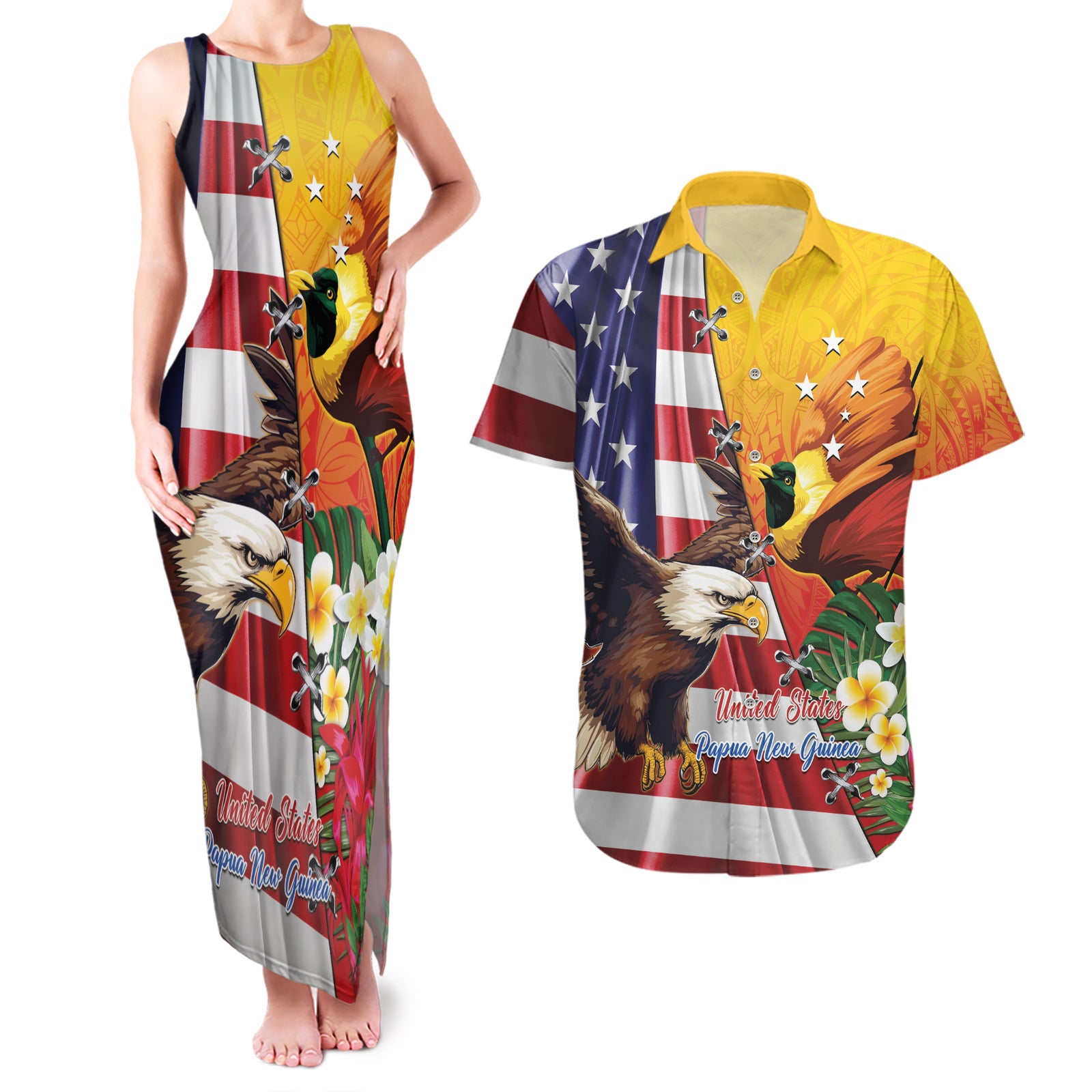 Personalised United States And Papua New Guinea Couples Matching Tank Maxi Dress and Hawaiian Shirt USA Eagle With PNG Bird Of Paradise LT14 Red - Polynesian Pride