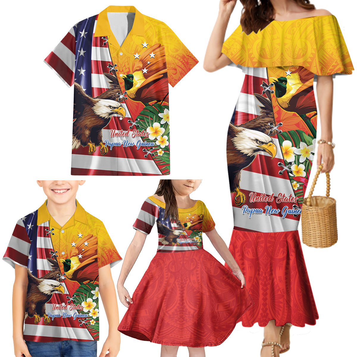 Personalised United States And Papua New Guinea Family Matching Mermaid Dress and Hawaiian Shirt USA Eagle With PNG Bird Of Paradise