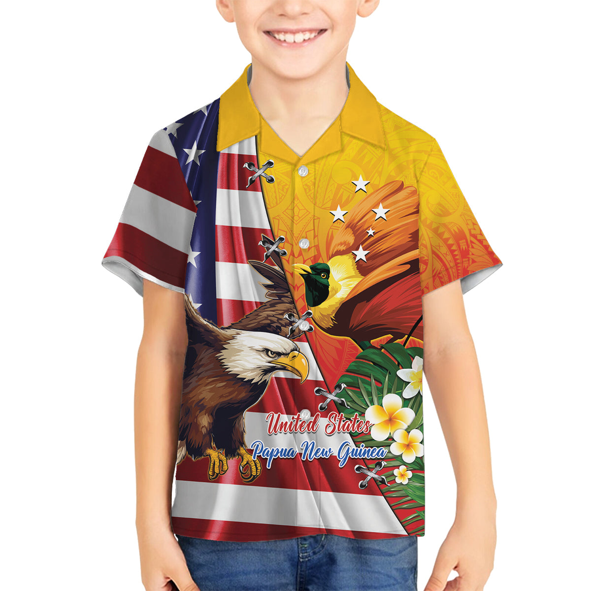 Personalised United States And Papua New Guinea Family Matching Off Shoulder Short Dress and Hawaiian Shirt USA Eagle With PNG Bird Of Paradise