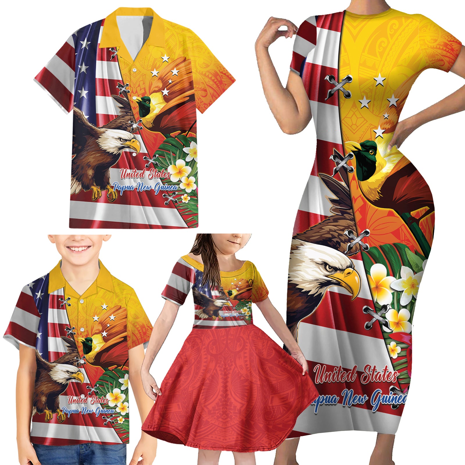 Personalised United States And Papua New Guinea Family Matching Short Sleeve Bodycon Dress and Hawaiian Shirt USA Eagle With PNG Bird Of Paradise LT14 - Polynesian Pride