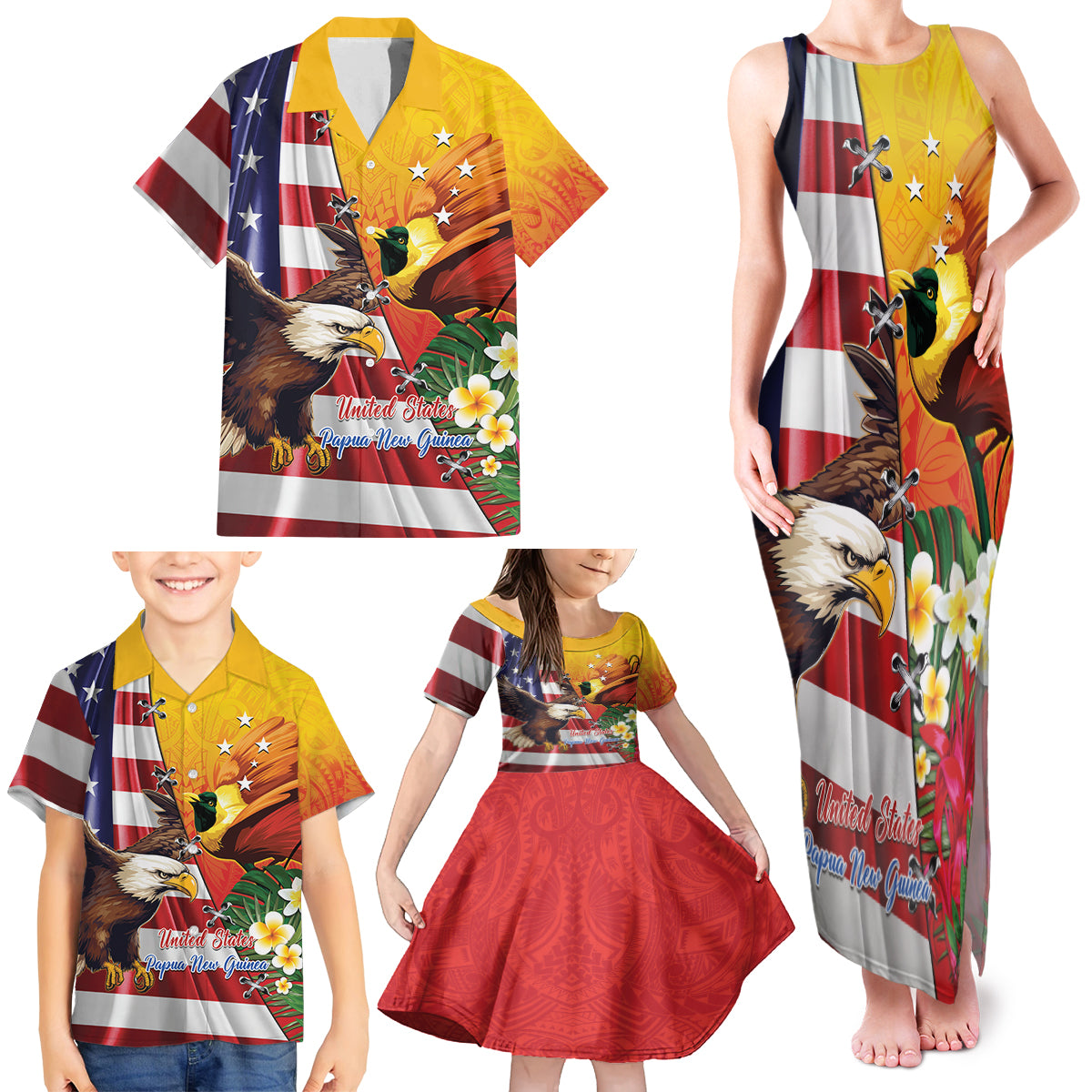 Personalised United States And Papua New Guinea Family Matching Tank Maxi Dress and Hawaiian Shirt USA Eagle With PNG Bird Of Paradise LT14 - Polynesian Pride