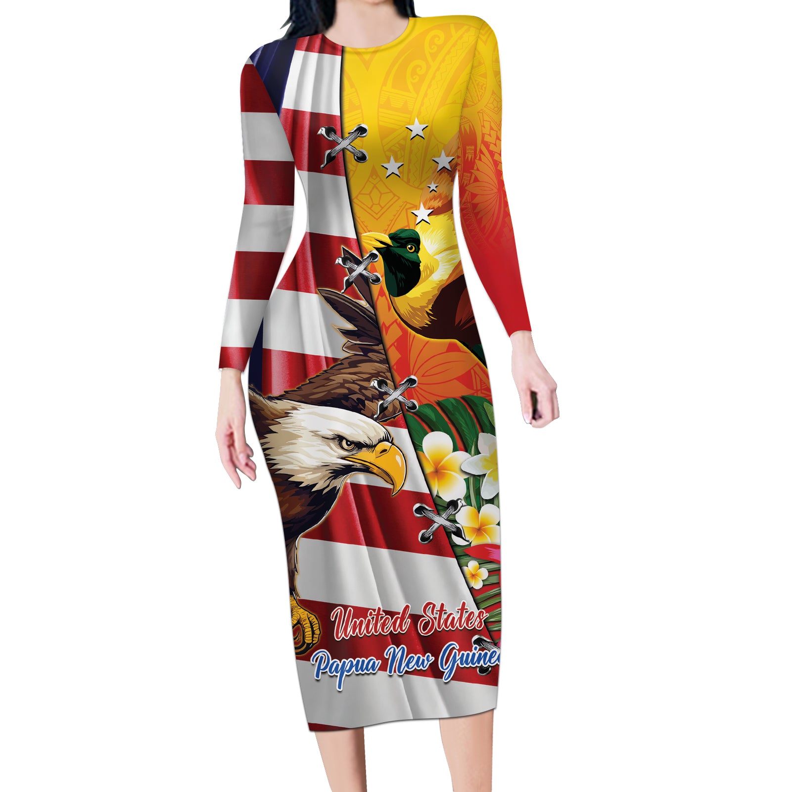 Personalised United States And Papua New Guinea Long Sleeve Bodycon Dress USA Eagle With PNG Bird Of Paradise