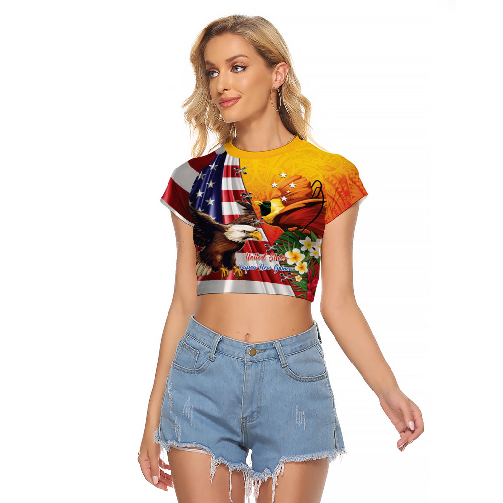 Personalised United States And Papua New Guinea Raglan Cropped T Shirt USA Eagle With PNG Bird Of Paradise