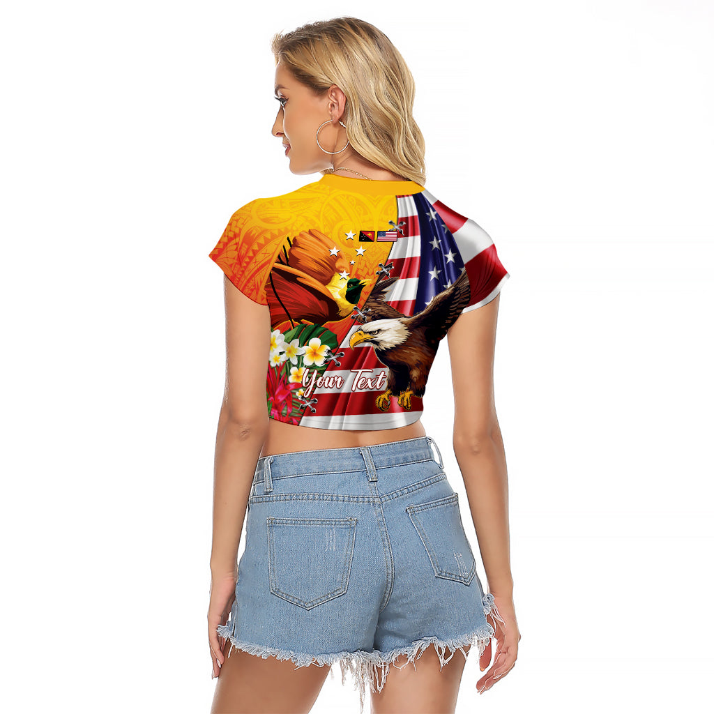 Personalised United States And Papua New Guinea Raglan Cropped T Shirt USA Eagle With PNG Bird Of Paradise